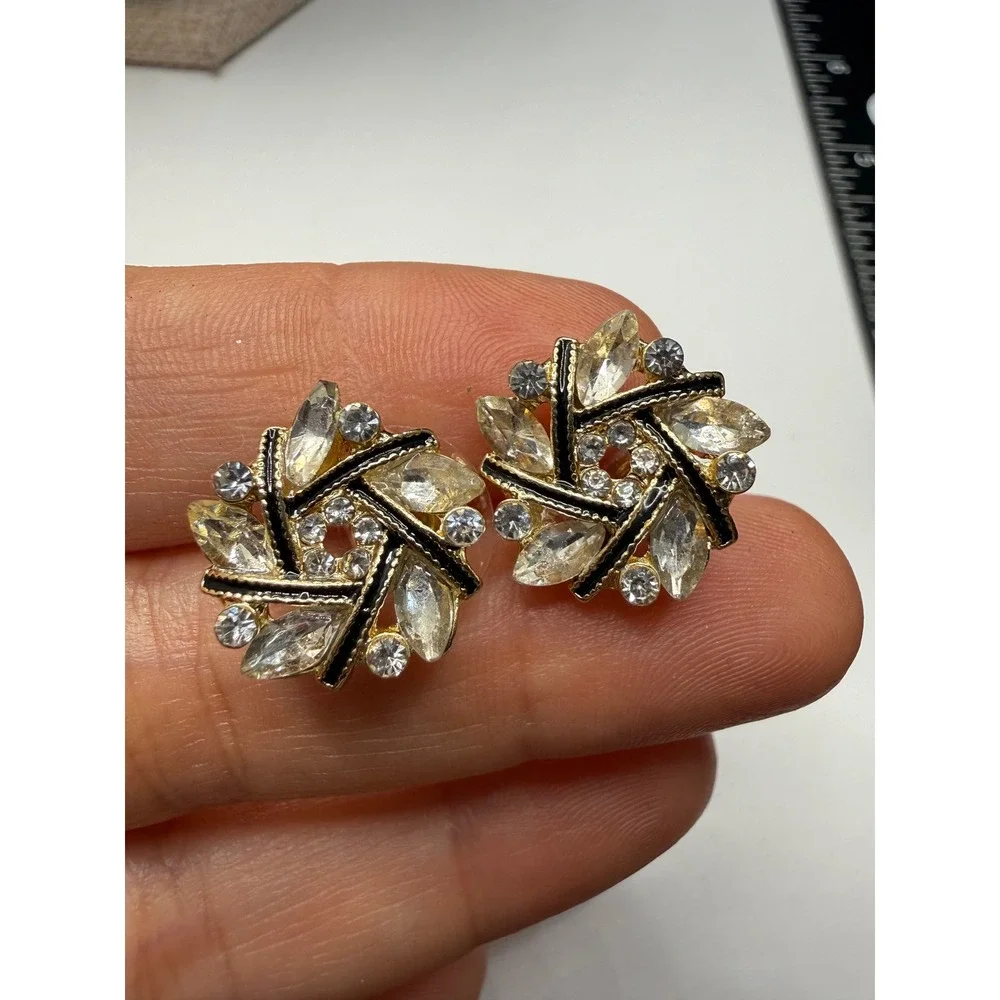 Vintage Gold Tone Crystal Pinwheel Stud Earrings Black Enamel Accent Statement - Picture 1 of 5